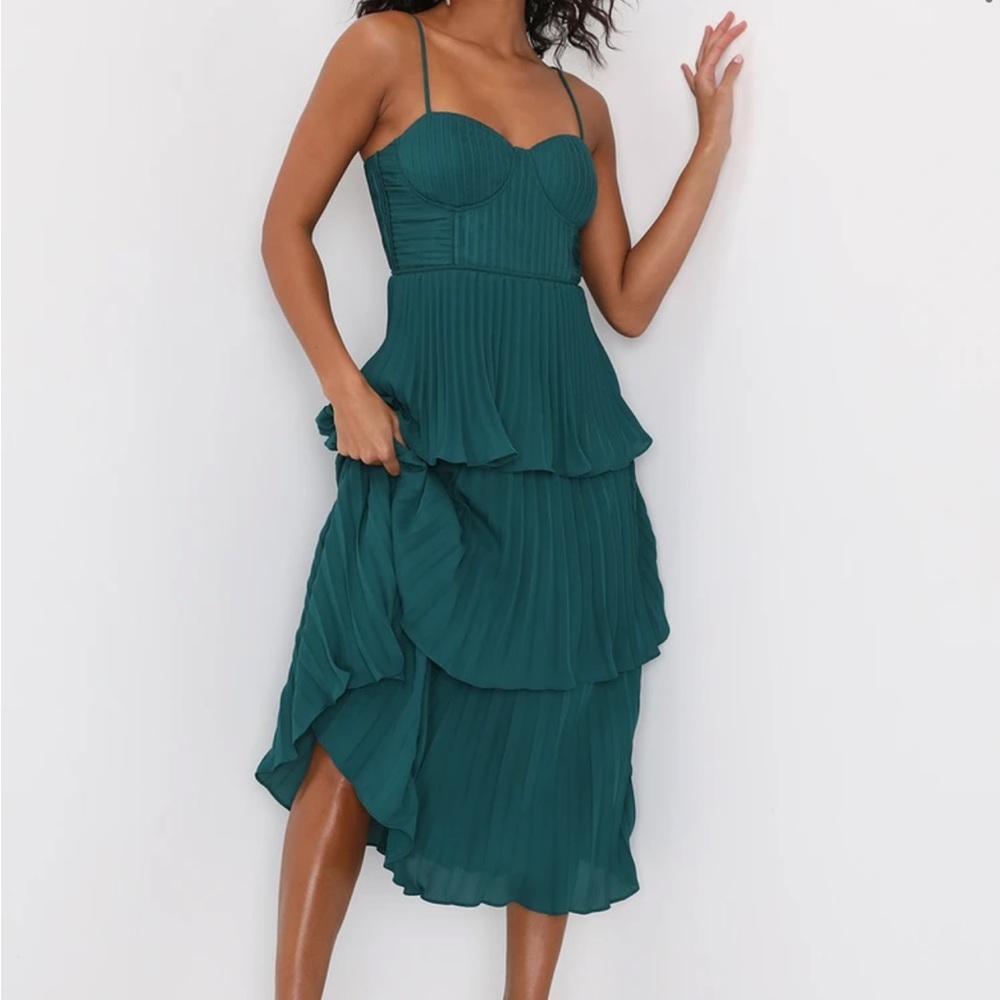 Lulus Emerald Green Cascading Tiered Bustier Midi Dress